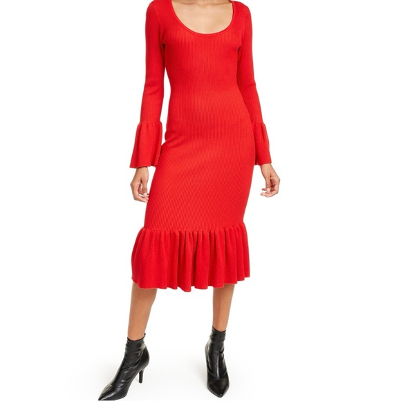 Almost Famous Red Sheath Dress with Long Bell Ruffle Sleeves - Picture 1 of 5